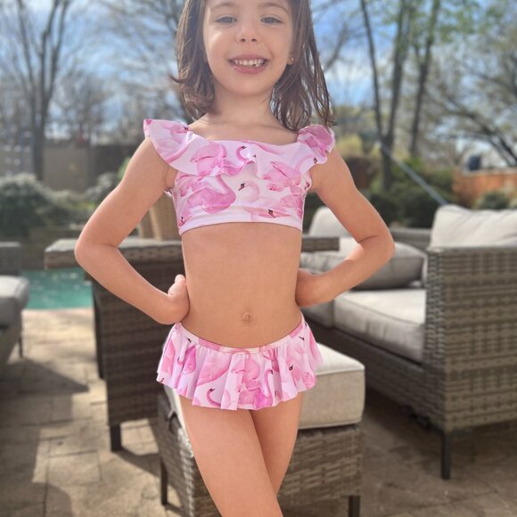 NWT STELLA COVE Ruffled Pink Flamingos off the shoulder swimsuit 4T - Picture 2 of 11